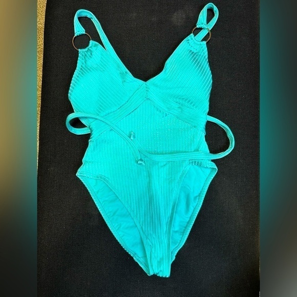 Robin Piccone Yasmine One-piece Swimsuit - Aqua Teal Plunge Silver Ribbed Size 2 - Picture 2 of 12